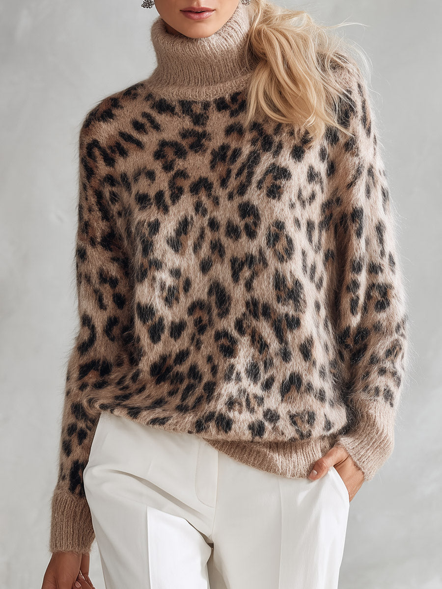 Leopard Print Mohair Turtleneck Jumper Sweater Warm Knit for Women