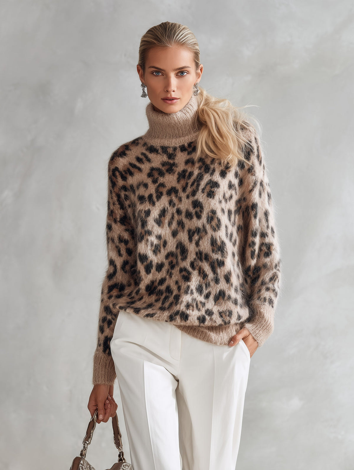Leopard Print Mohair Turtleneck Jumper Sweater Warm Knit for Women