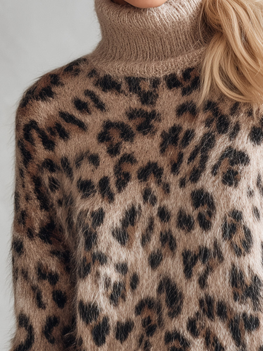 Leopard Print Mohair Turtleneck Jumper Sweater Warm Knit for Women