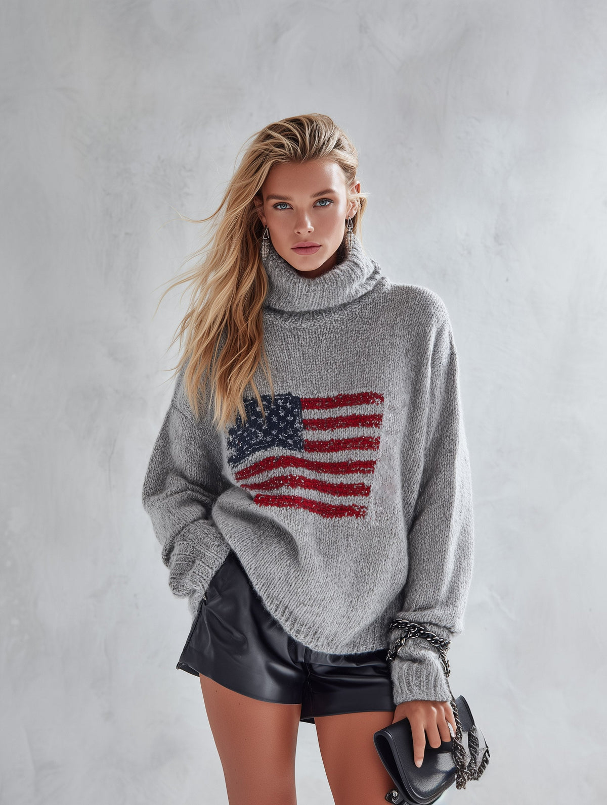 Grey Flag Pattern High-Neck Wool Blend Knit Jumper Sweater for Women