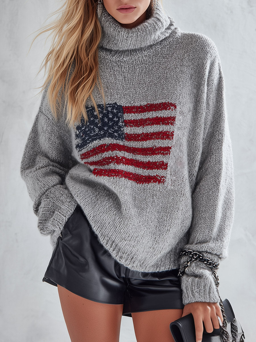 Grey Flag Pattern High-Neck Wool Blend Knit Jumper Sweater for Women