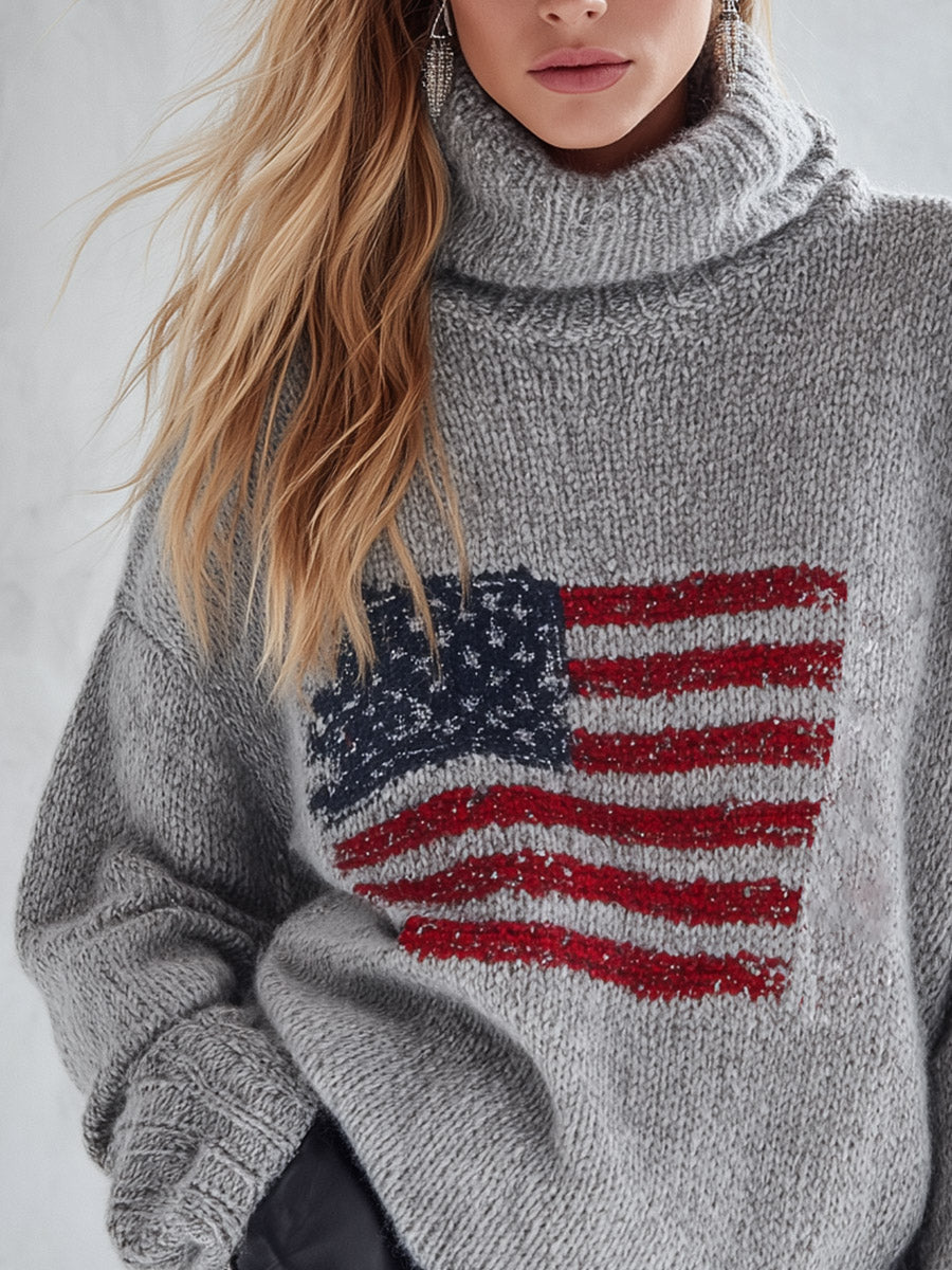 Grey Flag Pattern High-Neck Wool Blend Knit Jumper Sweater for Women