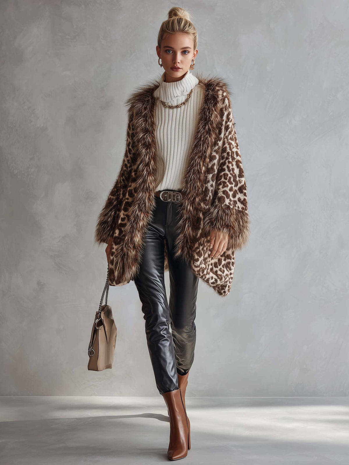 Leopard Print Chunky Knit Cardigan Open Front with Faux Fur Trim for Women