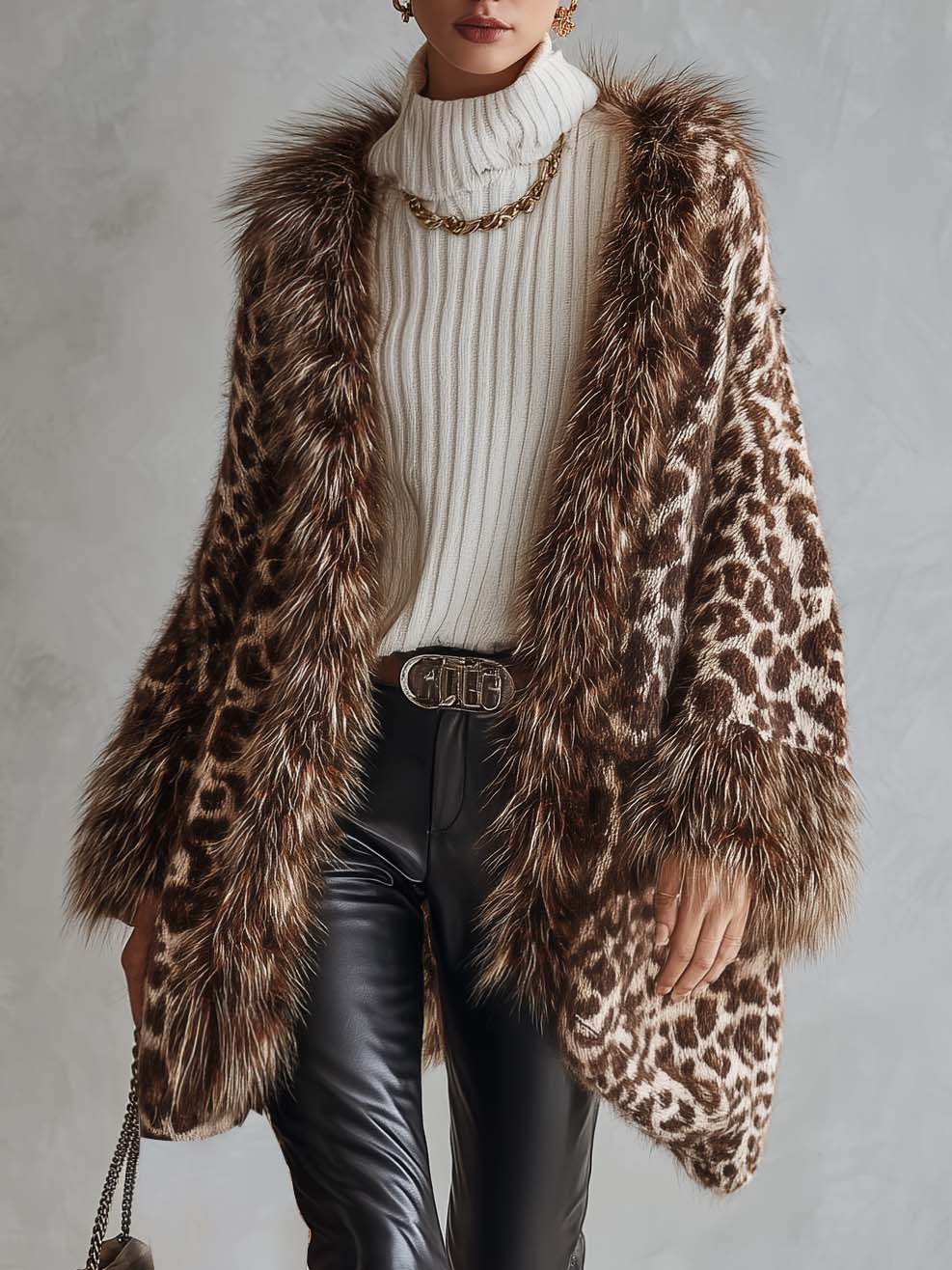 Leopard Print Chunky Knit Cardigan Open Front with Faux Fur Trim for Women