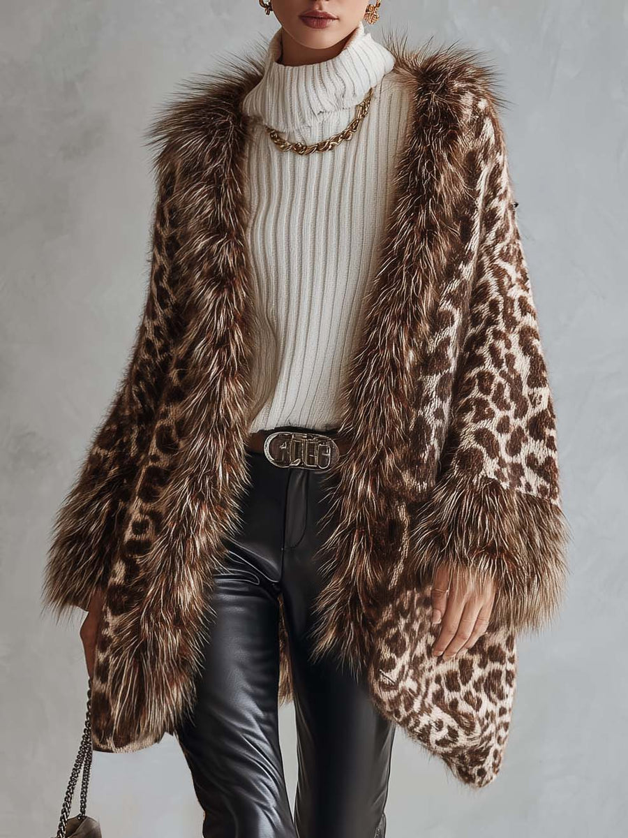 Leopard Print Chunky Knit Cardigan Open Front with Faux Fur Trim for Women