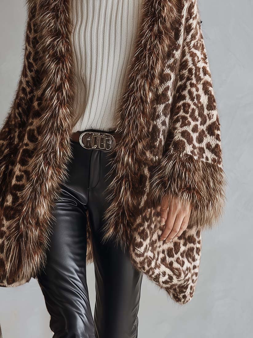 Leopard Print Chunky Knit Cardigan Open Front with Faux Fur Trim for Women