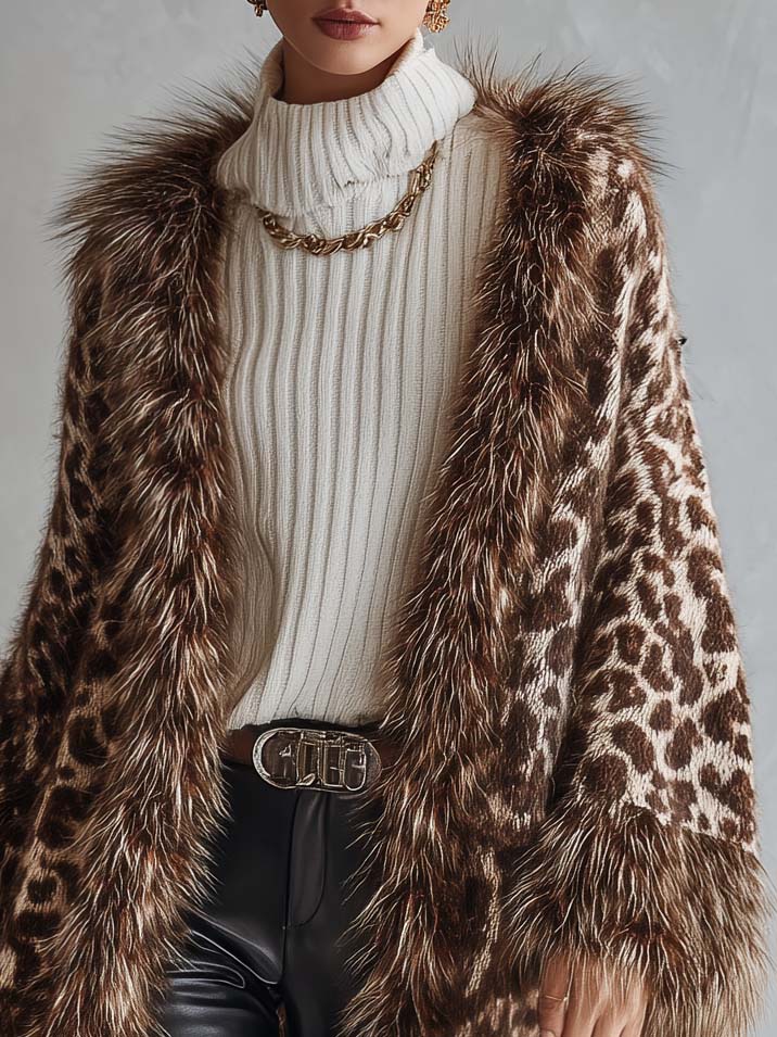 Leopard Print Chunky Knit Cardigan Open Front with Faux Fur Trim for Women