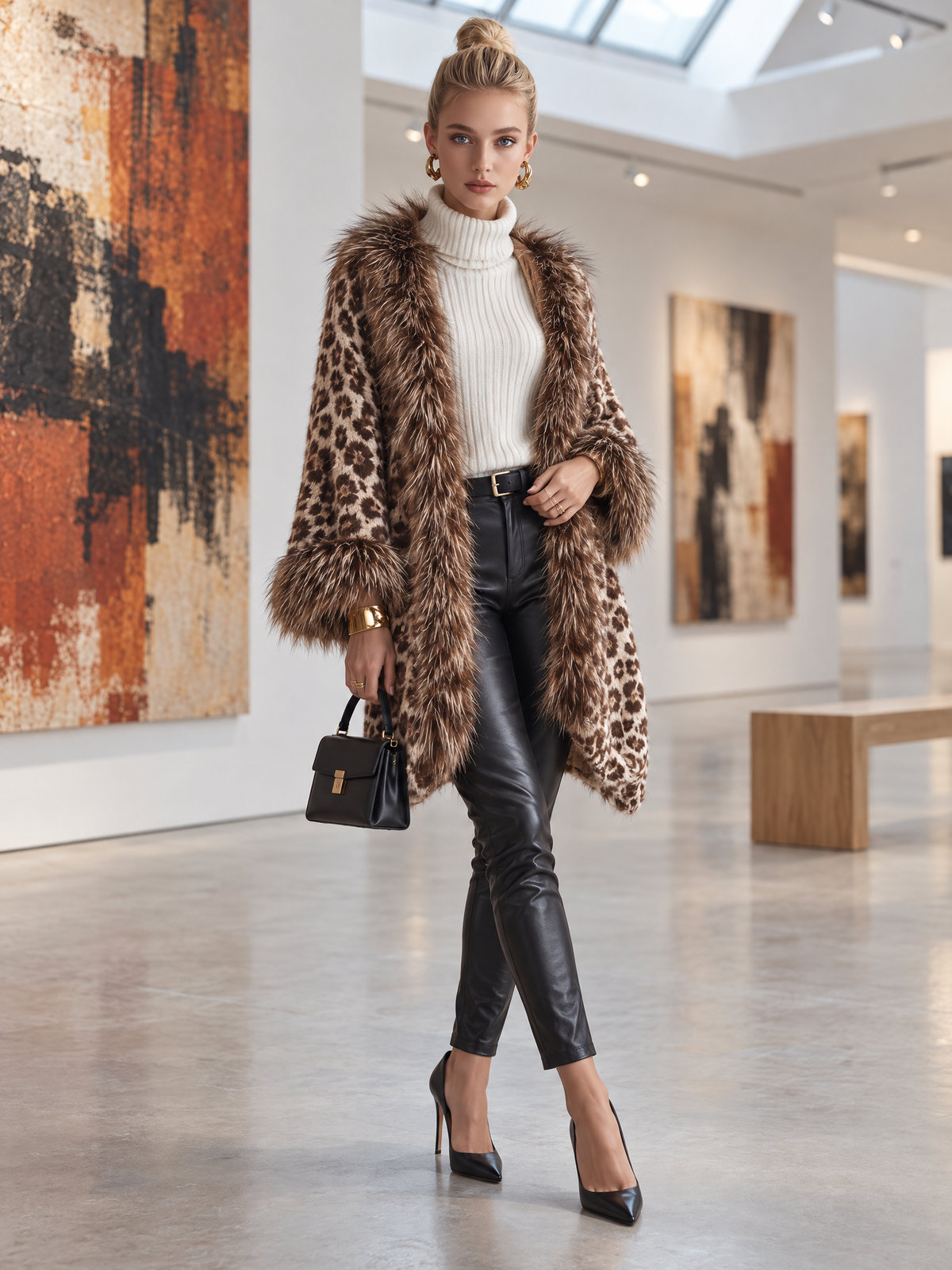 Leopard Print Chunky Knit Cardigan Open Front with Faux Fur Trim for Women