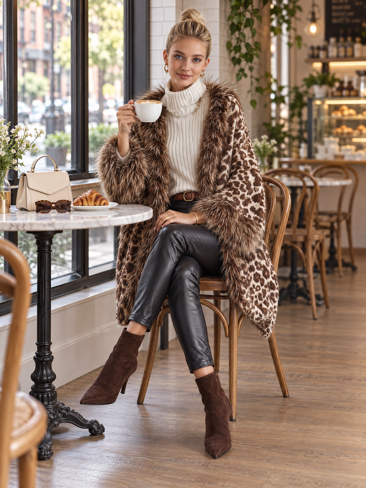 Leopard Print Chunky Knit Cardigan Open Front with Faux Fur Trim for Women