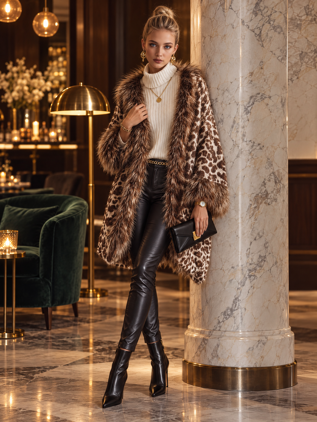 Leopard Print Chunky Knit Cardigan Open Front with Faux Fur Trim for Women
