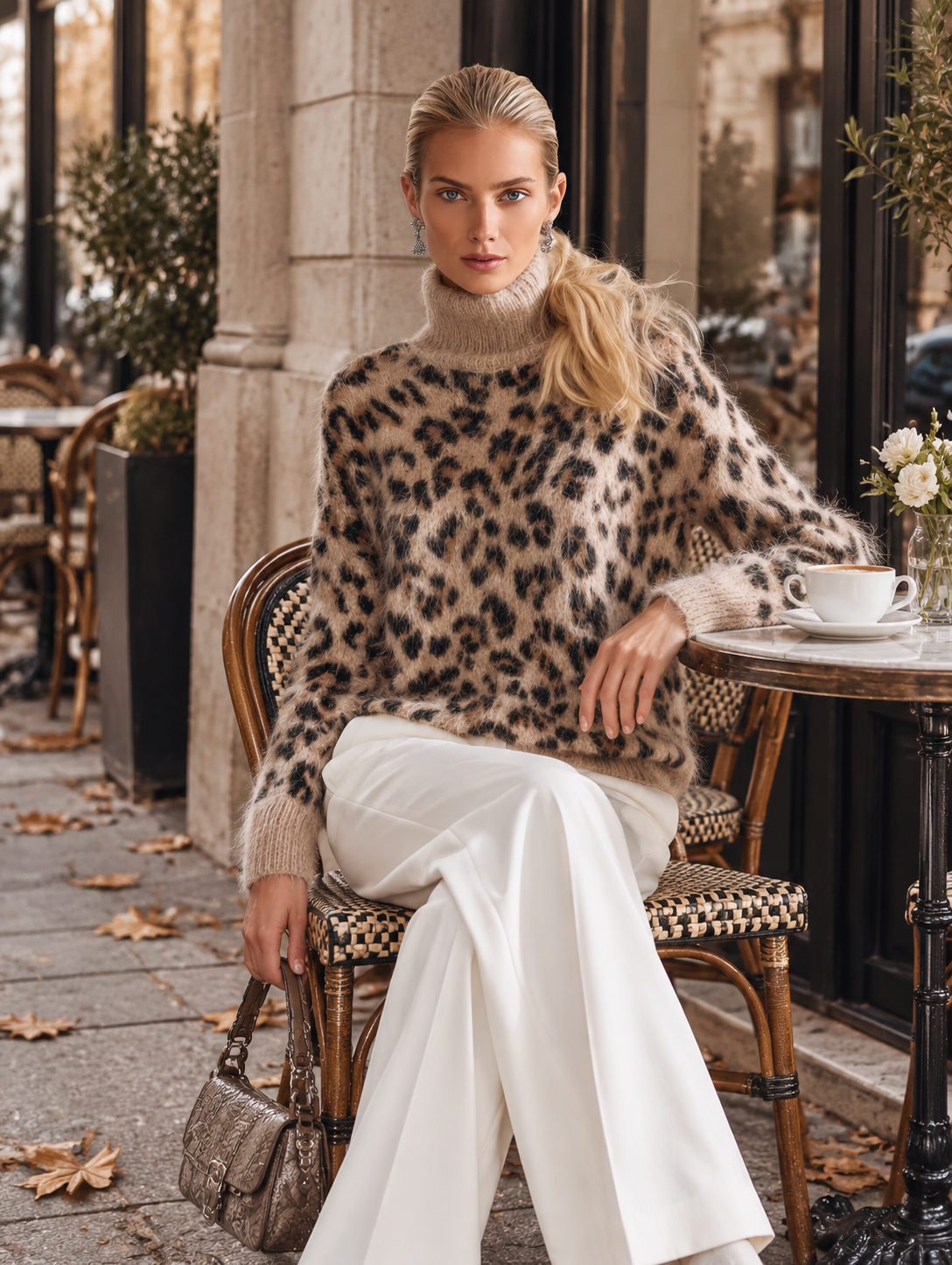 Leopard Print Mohair Turtleneck Jumper Sweater Warm Knit for Women