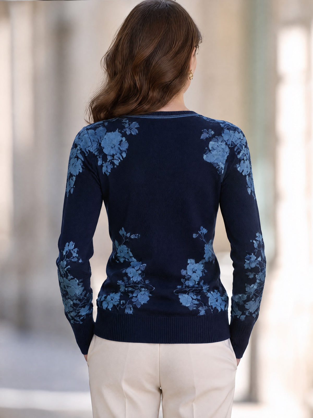 Floral Jacquard Knit Cardigan in Navy Blue with V-Neck and Button Front for Women