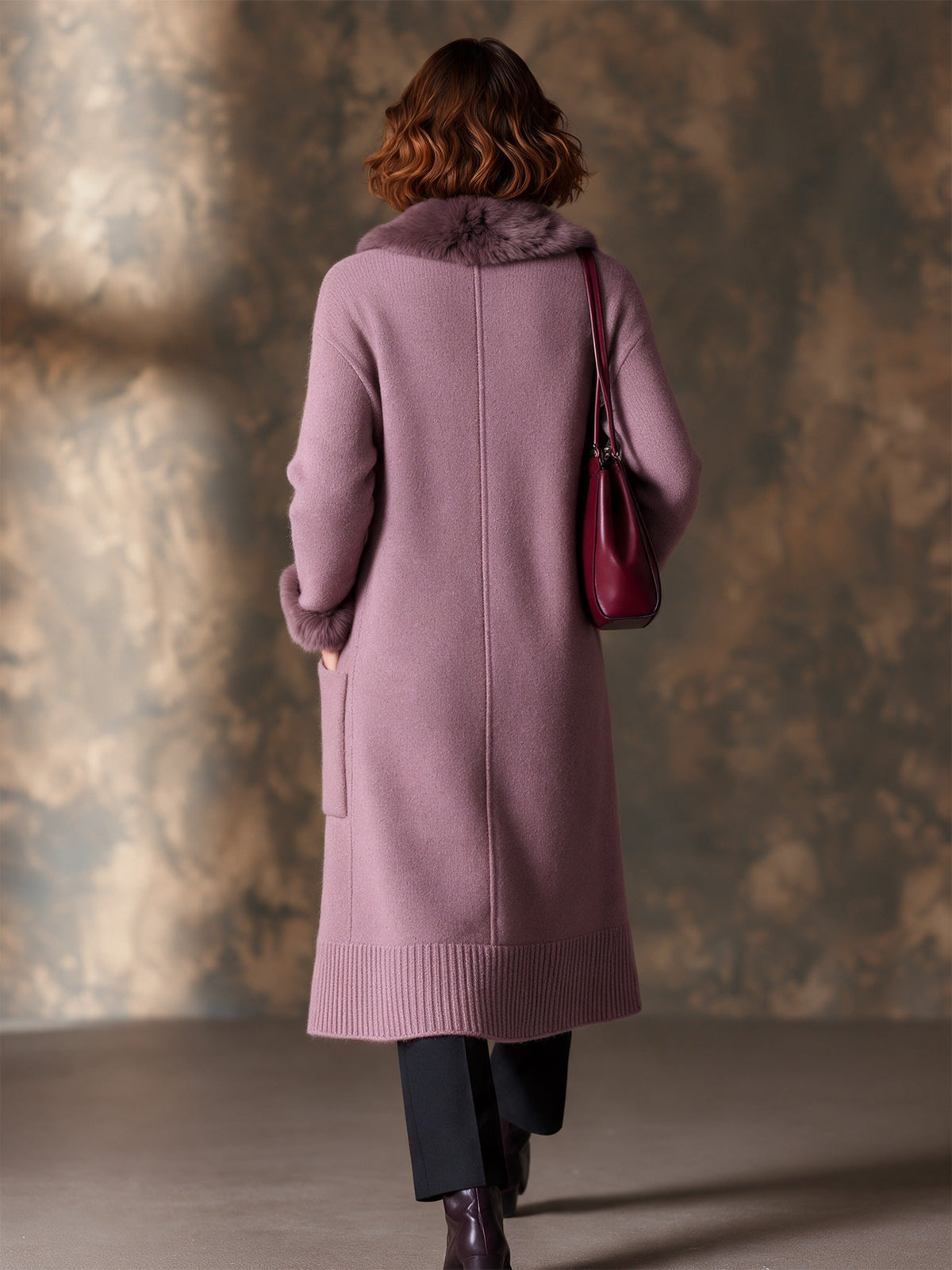 Longline Knit Cardigan Coat in Mauve with Faux Fur Trim for Women