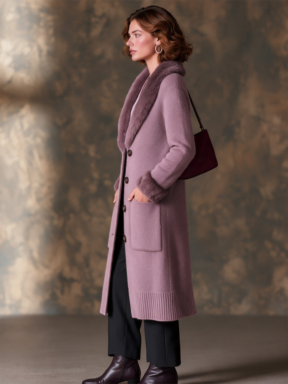 Longline Knit Cardigan Coat in Mauve with Faux Fur Trim for Women