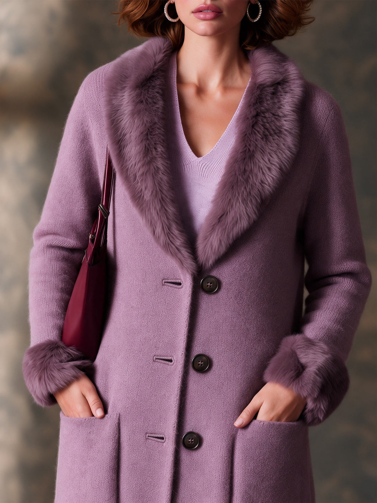 Longline Knit Cardigan Coat in Mauve with Faux Fur Trim for Women