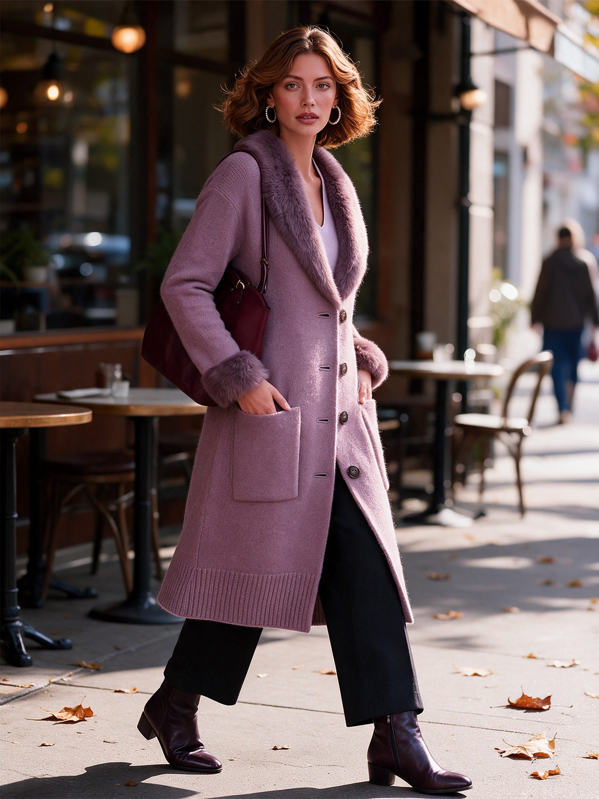 Longline Knit Cardigan Coat in Mauve with Faux Fur Trim for Women