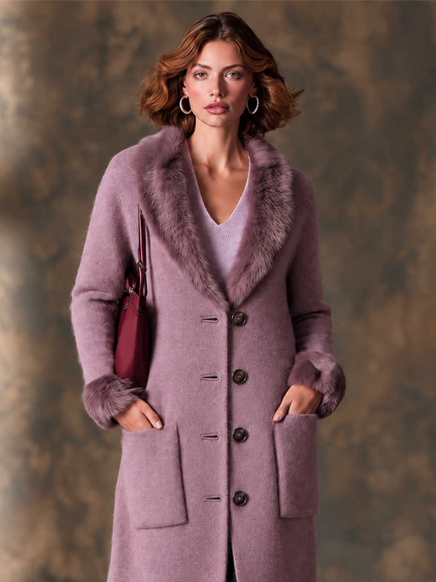 Longline Knit Cardigan Coat in Mauve with Faux Fur Trim for Women
