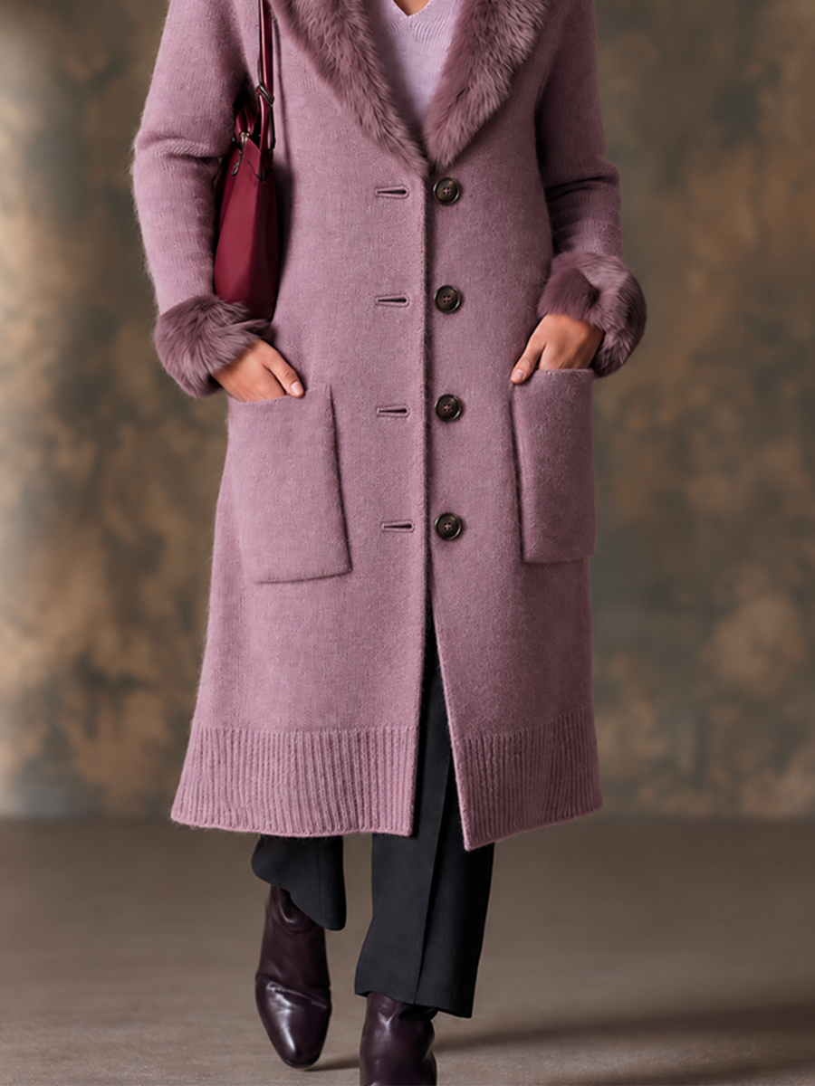 Longline Knit Cardigan Coat in Mauve with Faux Fur Trim for Women