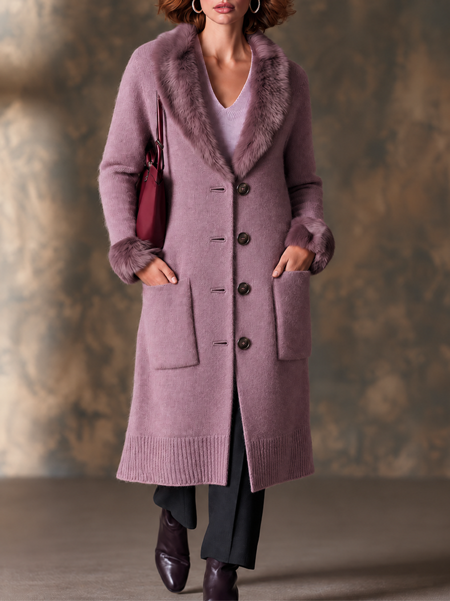 Longline Knit Cardigan Coat in Mauve with Faux Fur Trim for Women
