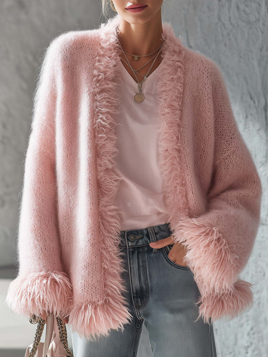 Pink Fuzzy Knit Cardigan Open Front Oversized with Faux Fur Trim for Women