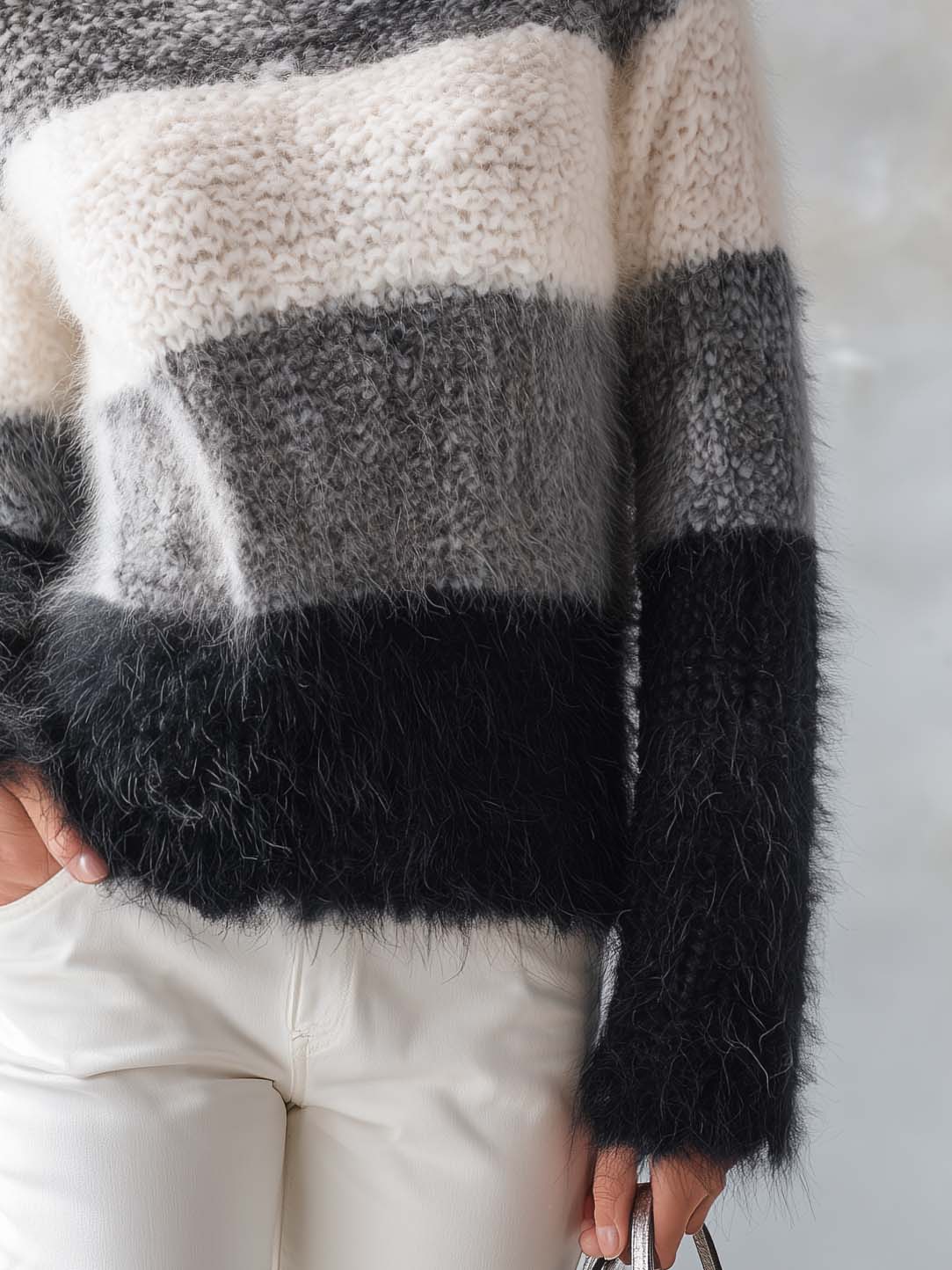 Fuzzy Mohair-Style Striped Sweater Oversized Boat Neck Color-Block for Women