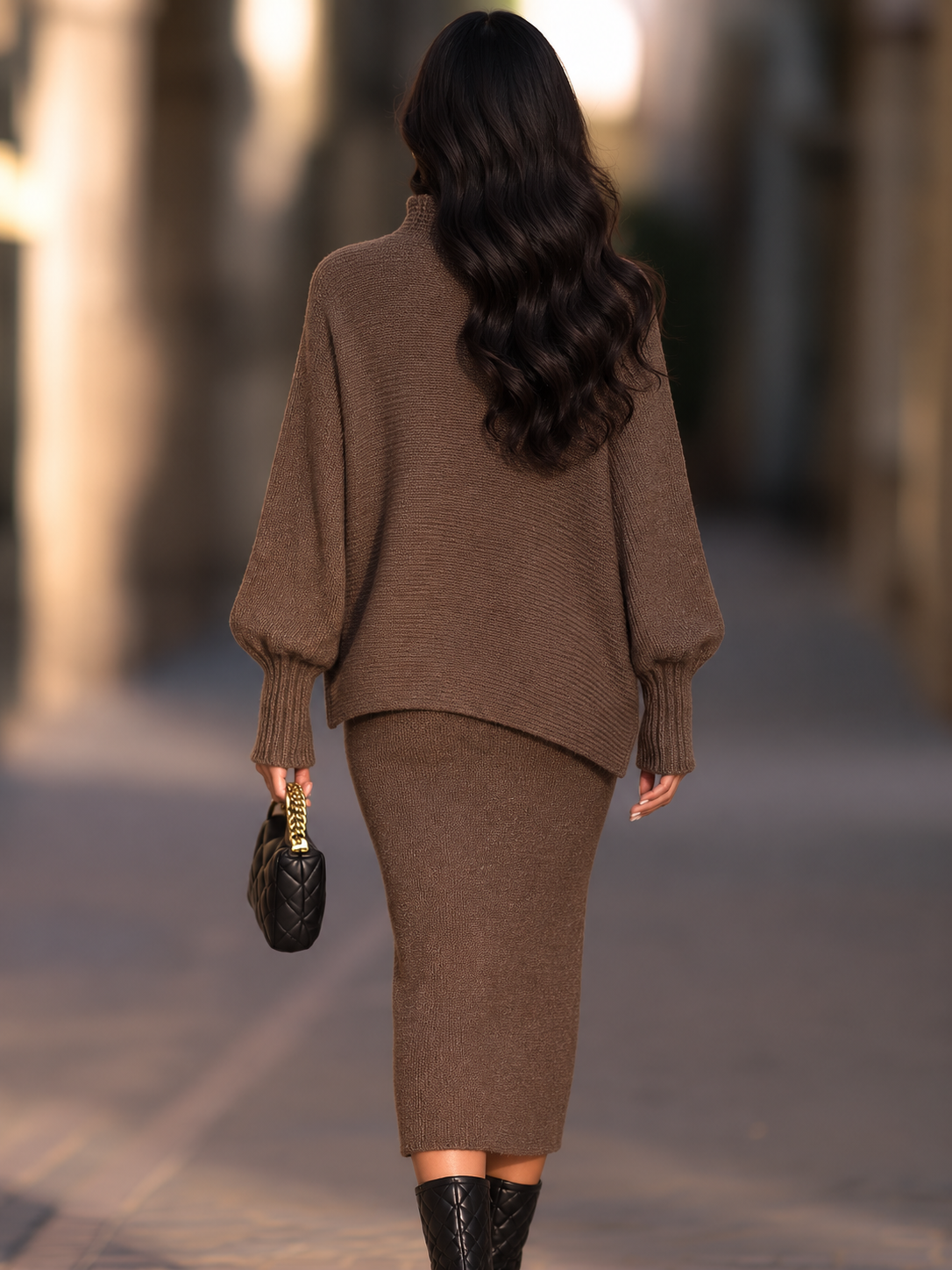Two-Piece Mock Neck Poncho Top and Midi Pencil Skirt Set with Front Slit for Women