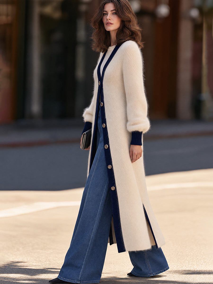 Longline Knit Cardigan in Cream with Navy Trim and Gold Buttons for Women