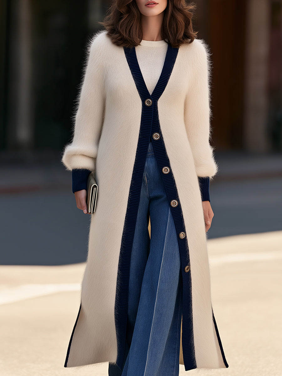 Longline Knit Cardigan in Cream with Navy Trim and Gold Buttons for Women
