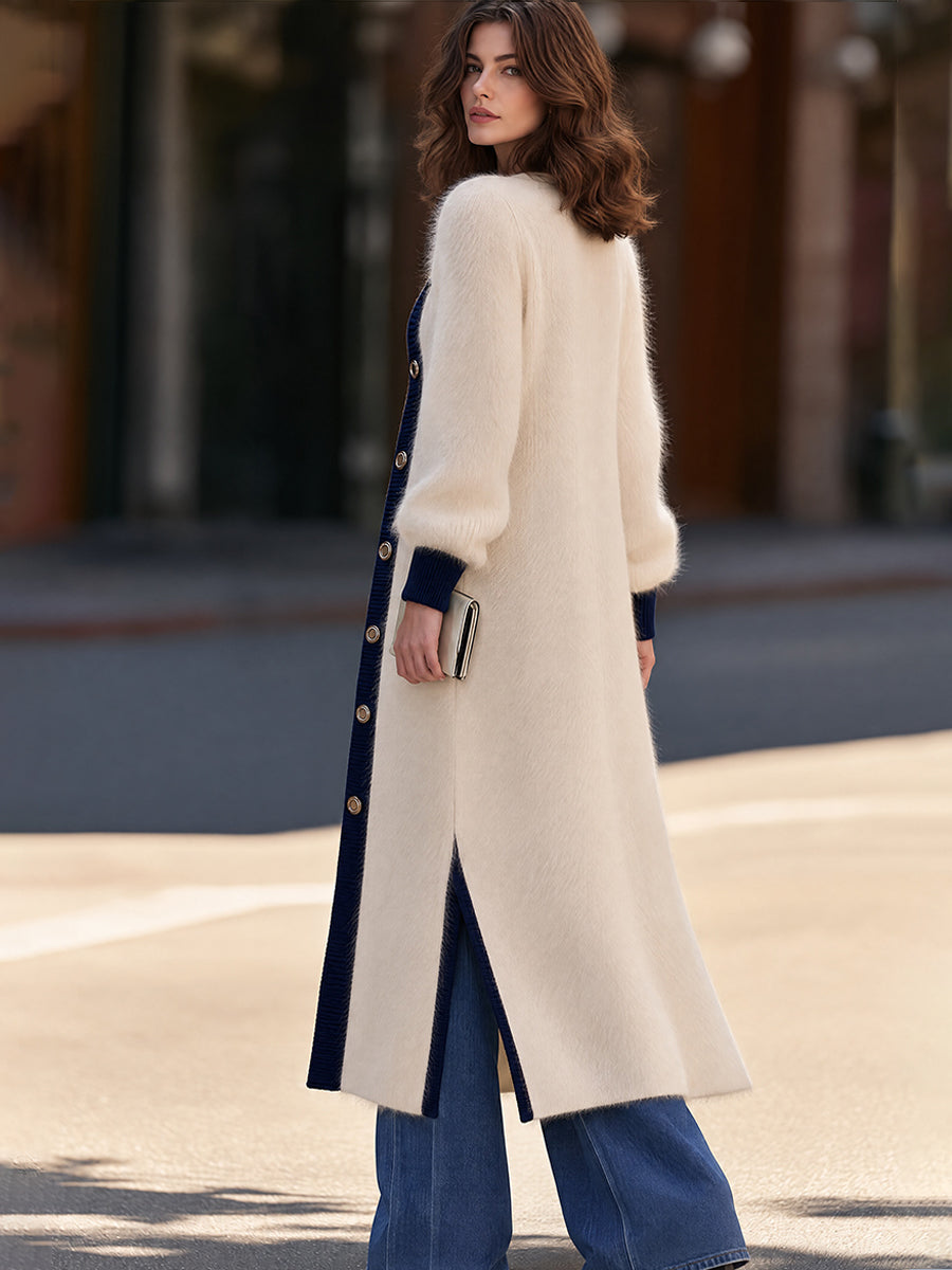 Longline Knit Cardigan in Cream with Navy Trim and Gold Buttons for Women