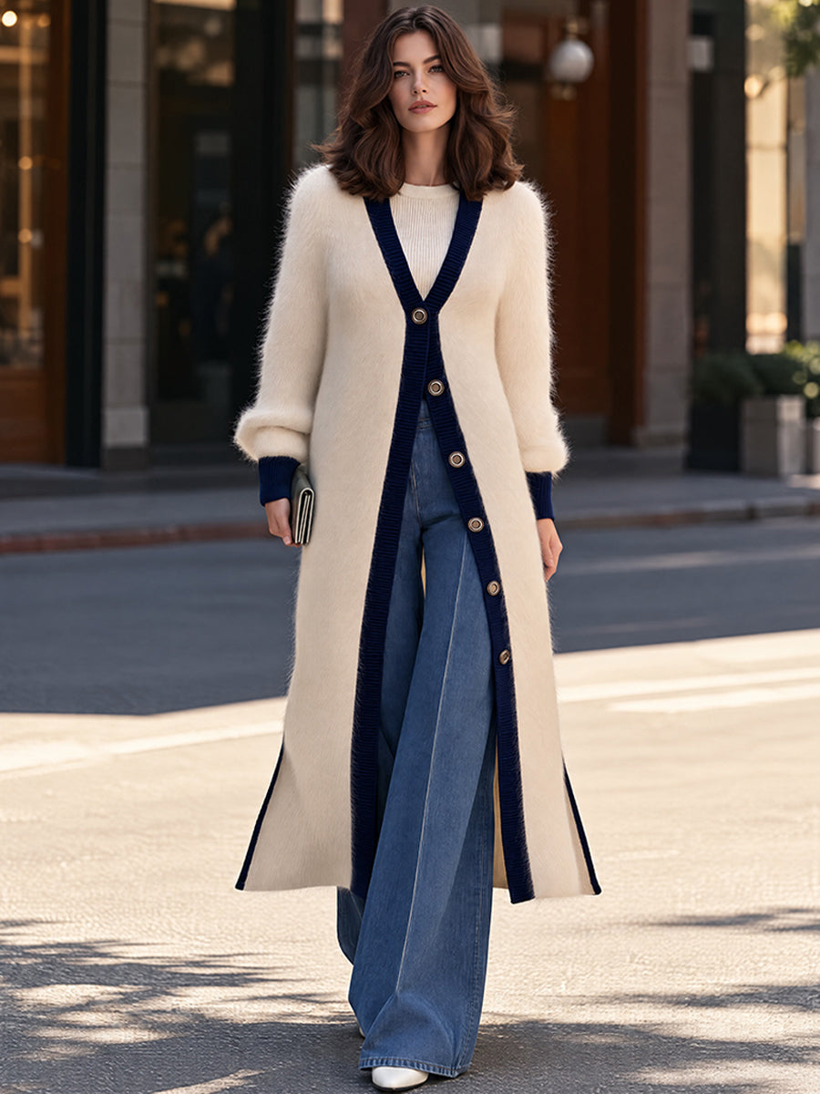 Longline Knit Cardigan in Cream with Navy Trim and Gold Buttons for Women