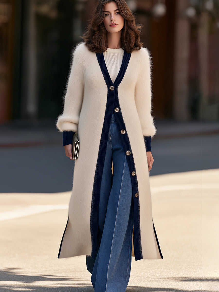 Longline Knit Cardigan in Cream with Navy Trim and Gold Buttons for Women