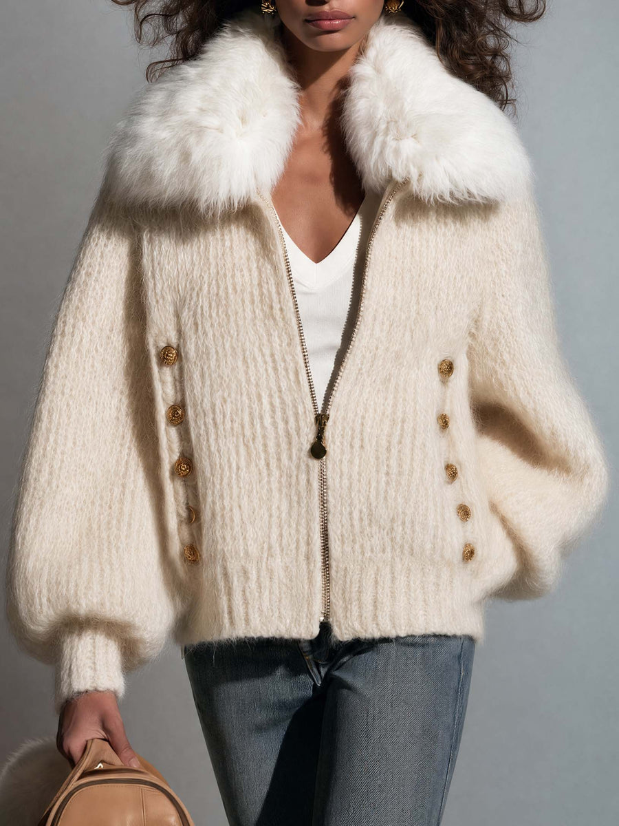 Cream Fuzzy Knit Zip-Up Cardigan with Detachable Faux Fur Collar for Women