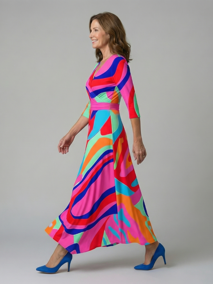 FJØRNA women's floral summer maxi dress with long sleeves, wrap style, flowy fabric, perfect for warm weather.