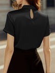 White satin high-neck keyhole blouse for women by FJØRNA, featuring a stylish high neckline and elegant keyhole detail.