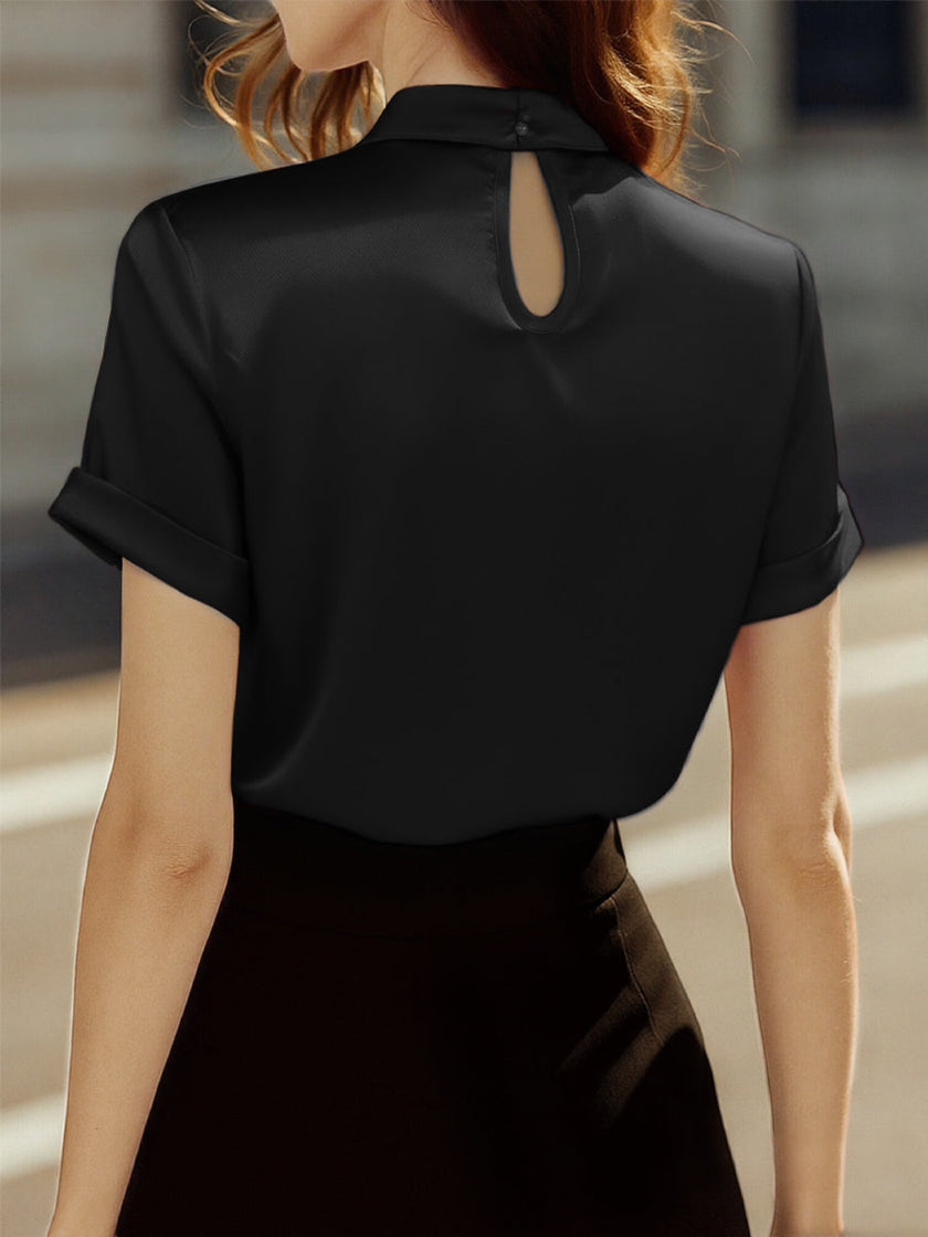 White satin high-neck keyhole blouse for women by FJØRNA, featuring a stylish high neckline and elegant keyhole detail.