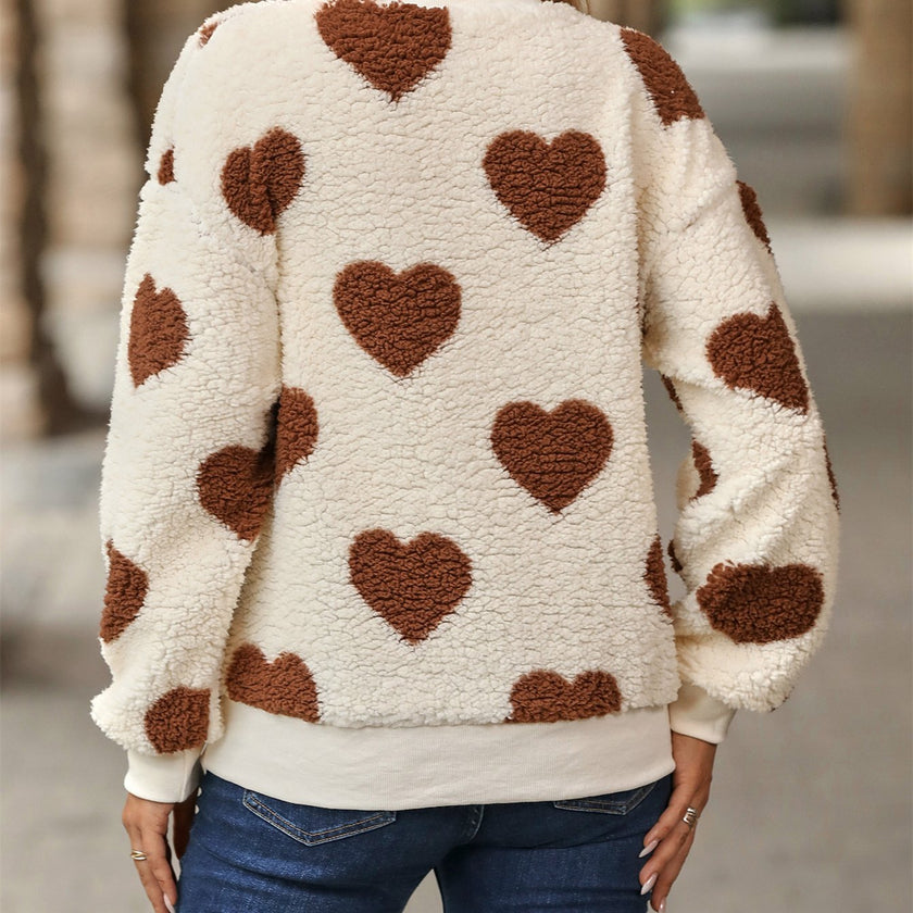 Heart Print Fleece Sweater Women Crew Neck Relaxed Fit