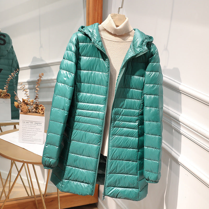 Quilted Jacket Women Hooded Zip Front Lightweight Mid-Length