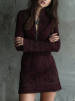 FJØRNA vintage suede mini dress with embroidered lace trim, stylish women's party dress featuring intricate detailing and soft fabric.