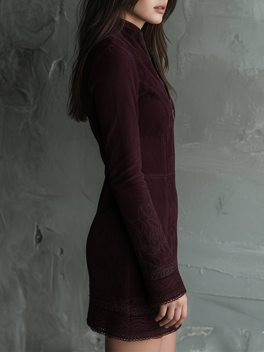 FJØRNA vintage suede mini dress with embroidered lace trim, women's party dress, stylish and elegant evening wear