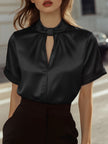 FJØRNA white satin high-neck keyhole blouse for women, showcasing a stylish, elegant top with a high neckline and keyhole detail.