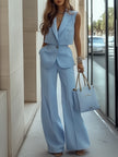 Light blue sleeveless two-piece trouser set with patch pockets for women, stylish and comfortable FJØRNA pants.