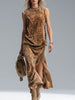 FJØRNA women's leopard print sleeveless vest and velvet split-hem skirt set, stylish and fashionable ensemble for women.