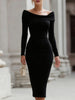 Black FJØRNA off-the-shoulder long-sleeve sheath dress, stylish cocktail dress with fitted silhouette and elegant design.
