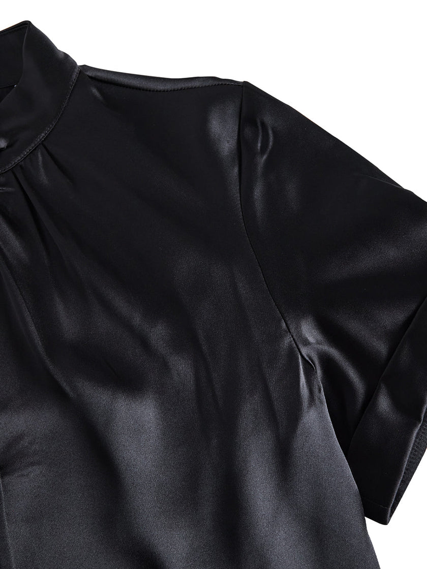 White satin high-neck keyhole blouse for women by FJØRNA featuring a sleek, elegant design with a high neckline and keyhole detail.