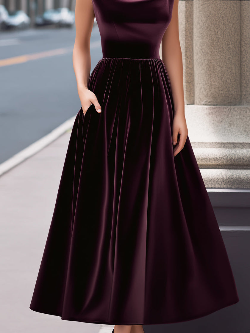 FJØRNA velvet cowl-neck sleeveless A-line evening gown, maxi dress with elegant drape and sleeveless design, dark rich color.