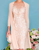 Blush pink lace midi dress and two-piece set for women by FJØRNA, featuring elegant lace fabric and fitted silhouette.