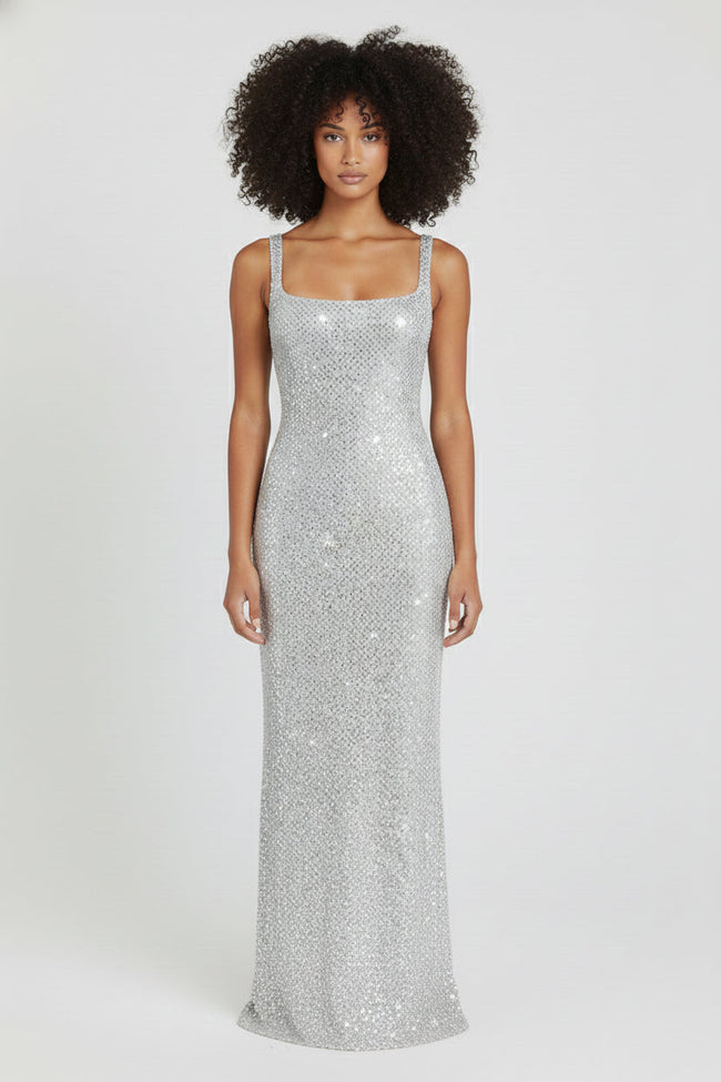 FJØRNA Sequin slip dress for women, double strap, bodycon fit, hip-skimming style with shimmering sequin fabric.