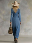 FJØRNA denim V-neck maxi dress for women, sleeveless with a flowing skirt, perfect for casual or summer wear.