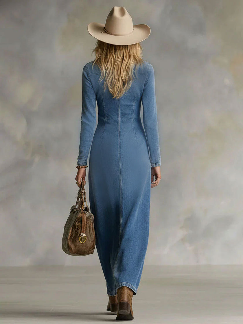 FJØRNA denim V-neck maxi dress for women, sleeveless with a flowing skirt, perfect for casual or summer wear.