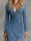 FJØRNA denim V-neck maxi dress for women, flowing sleeveless dress with a relaxed fit, perfect for casual summer wear.